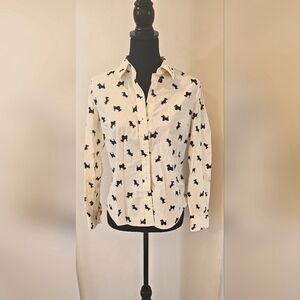 Talbots Scottie Dog Print Button Down Shirt Size Small Ivory Red Bow